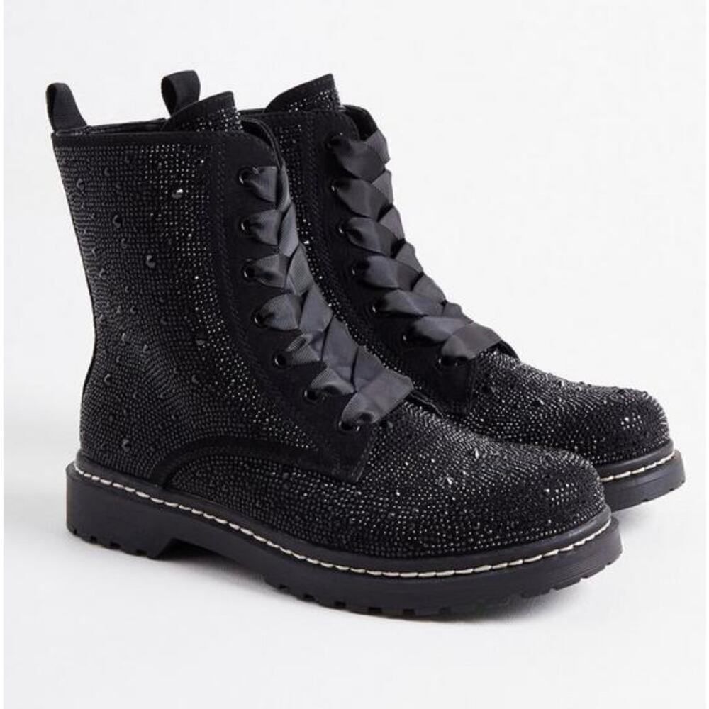 Betsey Johnson x torrid black rhinestone Hudson rocket combat boot 10 ww